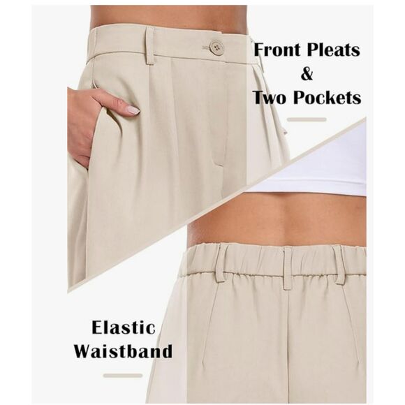 467 Women’s High-Rise Pleated Wide-Leg Trousers with Pockets Beige Elastic Pants - Picture 2 of 6